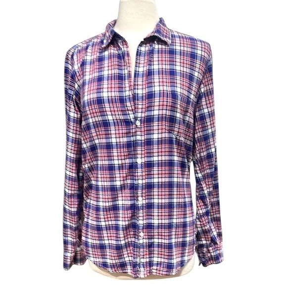 Frank & Eileen Barry Plaid Button Front Shirt SZ L Red White Blue - Picture 1 of 6